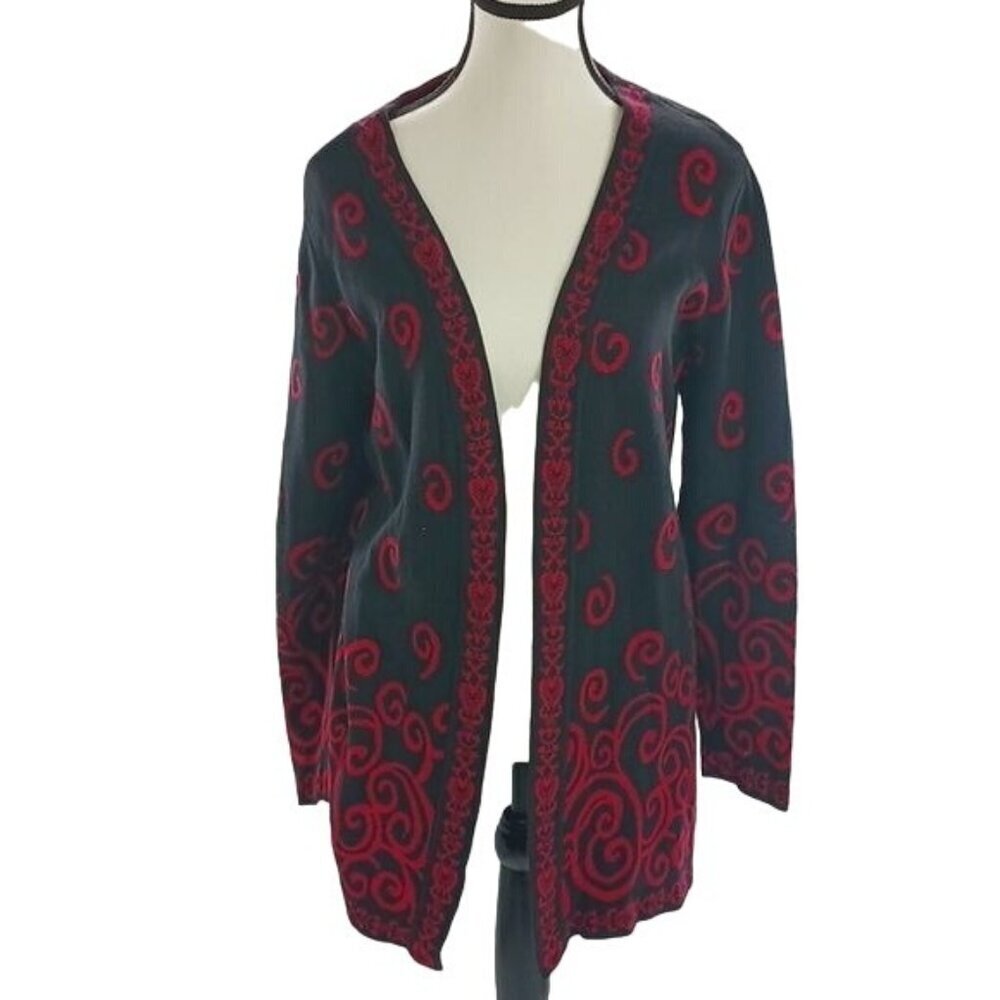 Christopher & Banks Womens Open Cardigan Sweater Red Black Scroll Large